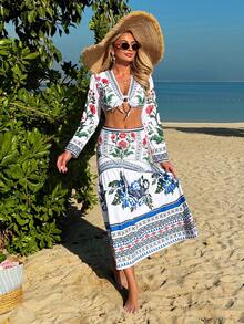 Swim Chiccia 2026 New Women's Summer Beach Vacation Elegant Long Sleeve T-Shirt With Drawstring Ruched Floral Print Skirt Loose Coverup 2-Piece Set - Multicolor - View 7