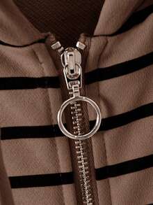 EMERY ROSE 2pc Set  Plus Size Women Casual Striped Hoodie Jacket And Pants Set With Pockets, Spring Break Outfits ,Vacation Outfits Women ,Holiday Outfits For Women,Going Out Outfits,2026 New Clothes,Simple And Fashionable For Everyday Wear,2pcs Plus Size Women Casual Striped Hoodie Jacket And Pants Set With Pockets, ,Women's Lounge Set, Ladies Casual Sets,Holiday Outfits For Women,Spring Outfit Women,2 Pieces Lounge Sets Woman, Striped Set, Lounge Wear,Summer, Brown Set Women, Brown Two Piece, Striped Hoodie Set,Daily Wear - Brown - View 5