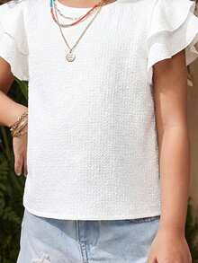 LMoss Kids Young Girl Textured Woven Round Neck Ruched Ruffle Trim Fitted Casual Top, Vacation Style, French Elegance, Suitable For Spring Outing And Holiday - Beige - View 8