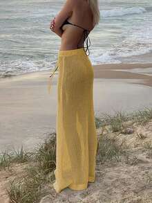 INAWLY Falda de punto casual y versátil con cintura ajustable y diseño calado - amarillo ganso - Ver 2