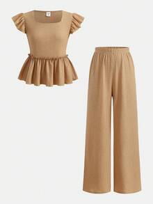SHEIN Girlism Conjunto de dos piezas informal de verano para niñas adolescentes, estilo bohemio, de punto, con top de cuello cuadrado, volantes y mangas de vuelo, y pantalones rectos, para vacaciones - Azul - Ver 7