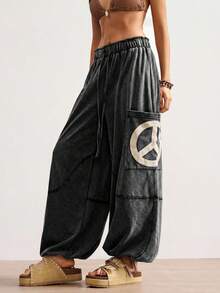 Bohemela Pantalones holgados de punto con cordón, unicolor, con bordado de signo de paz, estilo bohemio casual de vacaciones para mujeres - Negro - Ver 5