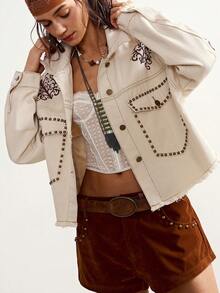 Bohemela 女士印花牛仔外套，新款休闲短款外套，适合娇小身材，百搭夏季女装，适合嘉年华、海滩度假、夏季休闲穿着，也可搭配休闲衬衫。 - 白色 - 查看 7