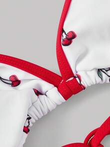 SHEIN MOD Conjunto de Maiô Bikini Sexy com Top de Manga Curta e Amarração no Pescoço, Estampa de Cereja, Praia de Verão - Vermelho e Branco - Visão 5