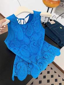 Resyla Women's Summer Casual Vacation Water-Soluble Lace Tie Back Blouse - Blue - View 1