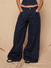 COUREZ 低腰超阔腿牛仔裤，靛蓝水洗纹理牛仔布/Y2K春季女装，可爱性感牛仔裤，外出穿搭，派对牛仔裤，夏季穿搭，两件套 - 藍色 - 查看 4