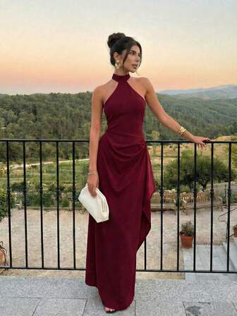 Firerie Vestido elegante y romántico para fiesta, cóctel o cita. Vestido largo asimétrico de línea A, con cuello halter sin mangas, color borgoña, para invitada de boda, cita, fiesta de cumpleaños o evento elegante