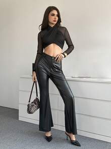 Modelyn Women's European & American Black Autumn Elegant Seksi Chic Night Out Sheer Mesh Patchwork Long Sleeve Criss-Cross Neck Cropped Tee Top - Black - View 5