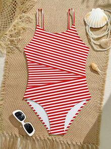 Girls' Striped Elastic Woven One-Piece Swimsuit, Suitable For Beach, Vacation, Swimming Tween One Piece Swimsuit Red And White Striped Swimsuit Girls Red White One Piece Swimsuit Girls Striped Swimsuit Tweens Beachwear - Red and White - View 3