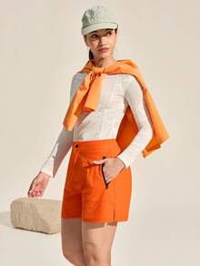 SHEIN Sports Women's Solid Color Pocket Button Casual Versatile Daily Outdoor Shorts - Orange - View 3