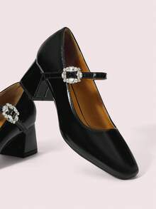 CUCCOO DOLLMOD Tacones altos de estilo Mary Jane con punta redonda, hebilla de strass y cuero patentado negro, un estilo dulce y lindo para el campus, versátil para looks de citas - Negro - Ver 5