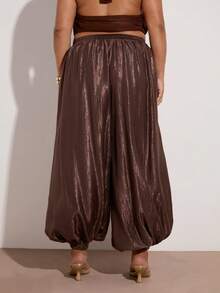 SHEIN BAE 大码女式纯色口袋休闲百搭日常灯笼裤，灯笼裤，咖啡棕色波西米亚风大码女装，大地色系女装，大码下装 - 棕色 - 查看 2