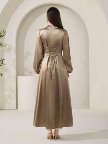 Veilorie Nuevo vestido de cóctel elegante de patchwork con correa en la cintura, estilo de lujo y elegante para fiestas - Marrón - Ver 8