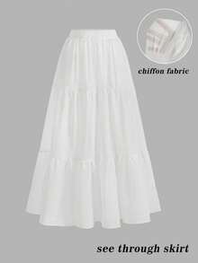 SHEIN MOD Women's Vacation Elastic Waist Solid Color Chiffon Maxi Cover Up Skirt, Seaside Vacation,Vacation Women, Holiday, Summer - White - View 4