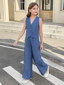 SHEIN Nova Glow Tween Girl Sleeveless Woven Top With Asymmetrical Hem And Buttons, Paired With Relaxed Straight Leg Pants, 2pcs Set, French Elegant And Fashionable Office Wear - Blue - View 2