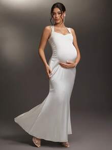 Cheriluna Maternity 纯色露背系带V领长款孕妇写真连衣裙 - 白色 - 查看 1