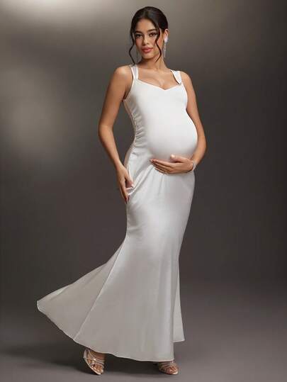 Cheriluna Maternity Solid Color Backless Tie Strap V-Neck Long Maternity Photoshoot Dress