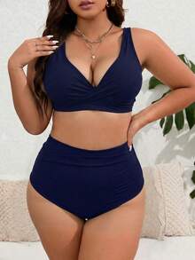 SHEIN Swim Curve Plus Size 2pcs Solid V-Neck Top And High Waist Shorts Women Summer Vacation Bikini Set Set - Navy Blue - View 1