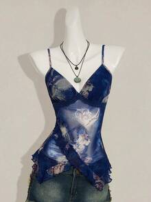 SHEIN ICON Women's Vacation Cashew Floral Print Ruffled Strap Camisole 4th Of July Women Outfits Cute Summer Tops Going Out Tops - Blue - View 5
