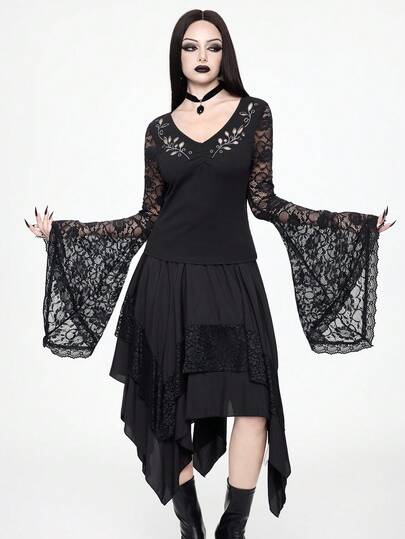 ROMWE Spring/SummervacationgraphicBoho Goth Dark Forbidden Forest Floral Lace Hollow Out Flare Sleeve Fitted Top