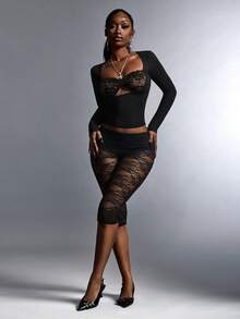 Amplova Áo tay dài cổ tim với chi tiết ren ở cúp ngực và lớp lót, gợi cảm và thoải mái, thích hợp cho mùa xuân, thu/đông, áo khoác ngoài cho nữ, áo corset gợi cảm, áo đen gợi cảm. - màu đen - Xem 6