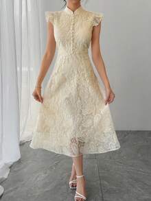 DAZY Women's Elegant Lace Collar Ruffle Hem Mid-Length Dress, Summer - Apricot - View 5