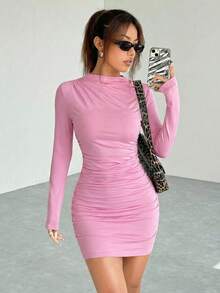 SHEIN EZwear 女士简约纯色褶皱修身连衣裙，性感长袖连衣裙，适合春季穿着，粉色长袖连衣裙。 - 粉色 - 查看 5