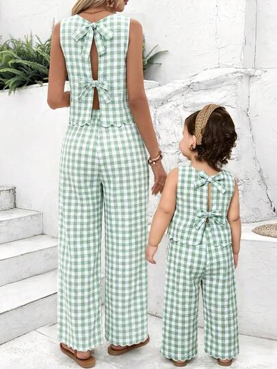 LMoss Kids Baby Girl Cute Plaid Sleeveless Top And Pants Set, Summer