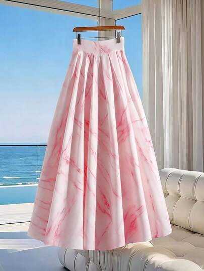 GlowEve Marble Tie-Dye Pleated A-Line Midi Skirt, Elegant French Style, Waist Cinched Design, Versatile For Vacation, Date, Commute