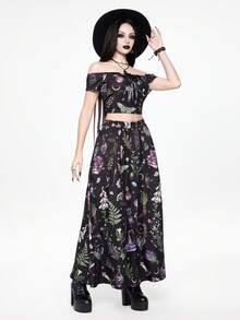 ROMWE Spring/Summer Vacation Flower Gothic Dark Magic Plant Potion & Butterfly Crystal Print Off-Shoulder Cropped Top And Skirt Set For Women - Black - View 5