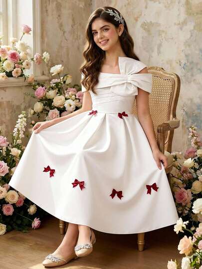 大码女童撞色蝴蝶结装饰连衣裙