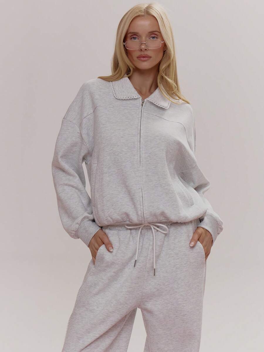 MUSERA Picot Trim Collared Zip Through Boxy Fit Sweatshirt Coord Top Only Cute Girly Sexy Spring Winter Going Out Daily Easter Sugar Swizzle - Light Grey - View 1