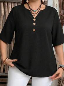 EMERY ROSE Plus Size Women Black Solid Color Casual Shirt, Suitable For Summer, Casual Tops, Suitable For Outings, Commuting, Vacation Plus Size Black Shirt Plus Size Casual Tops Black Work Top - Black - View 5