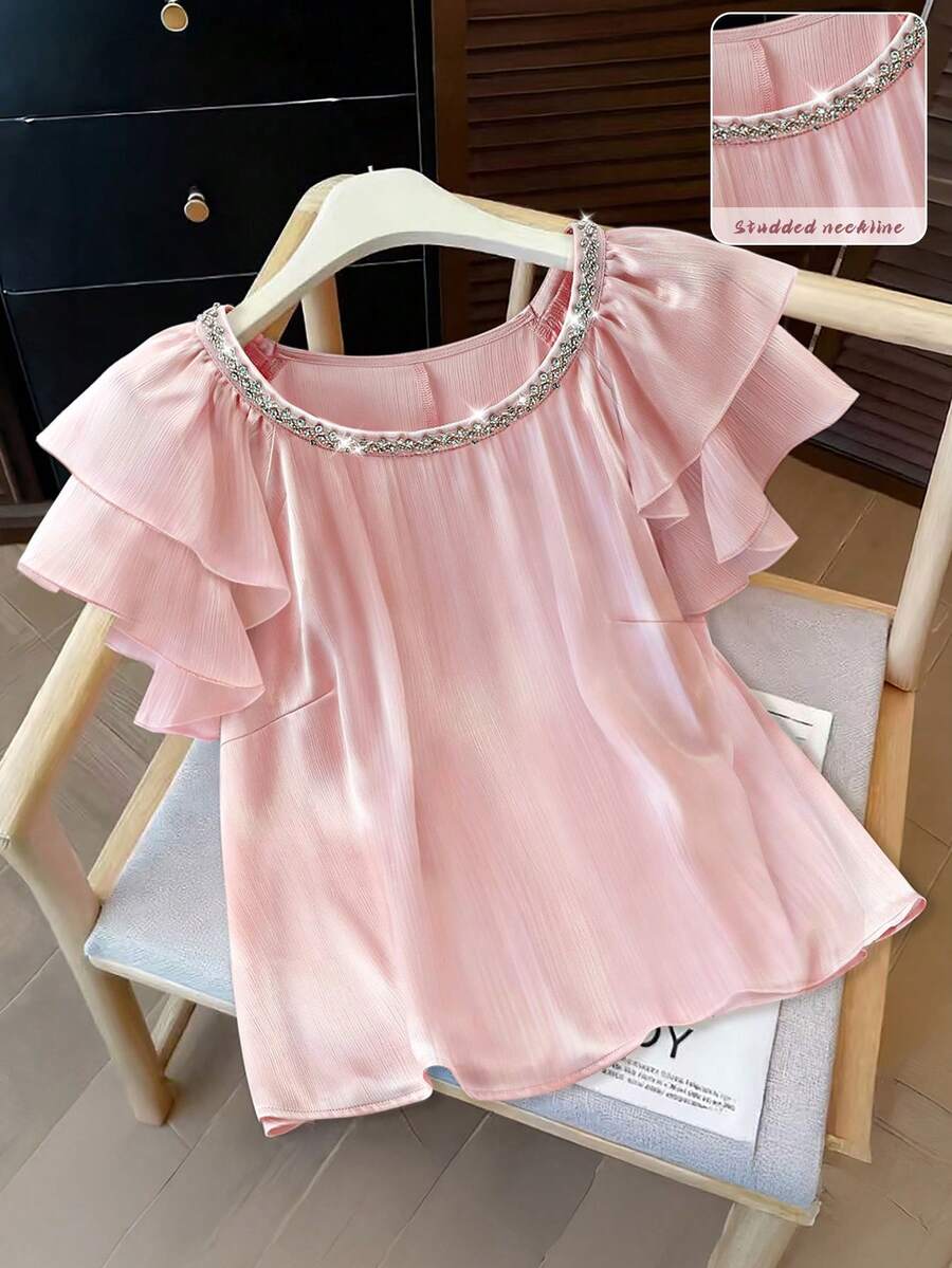 大码女式圆领泡泡袖珍珠装饰撞色荷叶边纯色优雅休闲衬衫，适合通勤、度假、音乐节、母亲节、独立日、返校季、春夏秋冬四季穿着。 - 粉色 - 查看 1