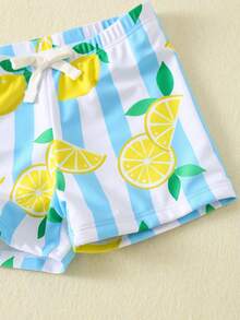SHEIN 2 pezzi/set Costume da bagno e cappello da sole casual con stampa limone per ragazzo, adatto per vacanze al mare, nuoto, surf - Blu - Visualizzare 8
