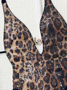 Swim SXY Bonvoyette-D Summer Sequin Embroidered Leopard Print Random Pattern Deep V Back Tie-Up Metal Decor Halter Backless Casual Beach Bikini Swimsuit For Women - Multicolor - View 3