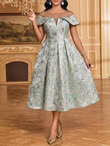 SHEIN Lady 女士花卉提花撞色网纱圆领褶裥设计优雅连衣裙 - 彩色 - 查看 1