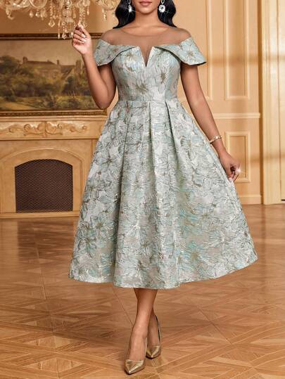 SHEIN Lady Women's Floral Jacquard Contrast Mesh Round Neck Pleated Design Elegant Dress Brocade Jacquard Dress Van Gogh Dress Tea Length Dress Garden Wedding Guest Dress