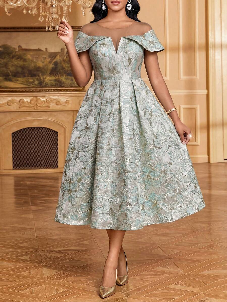 SHEIN Lady 女士花卉提花撞色网纱圆领褶裥设计优雅连衣裙 - 彩色 - 查看 1