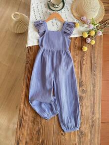 Emery Rose Kids Emery Rose Kids 年轻女孩夏季休闲海滩度假纯色纹理面料褶皱袖口露背蝴蝶结装饰及踝连体裤 - 彩色 - 查看 3