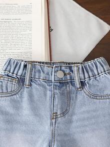 SHEIN 男童休闲百搭水洗蓝多口袋牛仔工装短裤 - 淺色水洗藍 - 查看 7