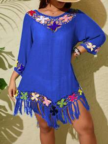 Swim Lushoire Plus Size Pullover Hooded Fringe Patchwork Loose Mid-Sleeve Cover Up - Blue - View 7