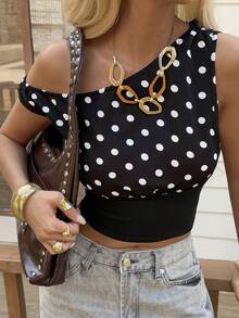 Livesso 波点印花露脐吊带背心，休闲优雅的细肩带背心，适合春季、夏季、休闲、派对、海滩、波西米亚风格等场合。 - 黑色 - 查看 5