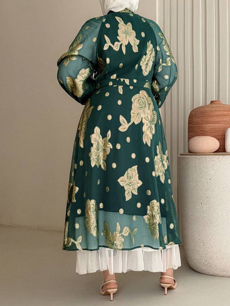 Dazy Plus Plus Size Women's Floral Print V-Neck Waist Cinched Lantern Sleeve Chiffon Waist Dress, Elegant Green Sundress