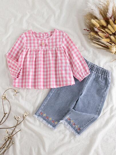Vintaside Kids Baby Girl Casual Everyday Plaid Floral Embroidery Long Sleeve Top And Denim Pants Set, Spring/Autumn