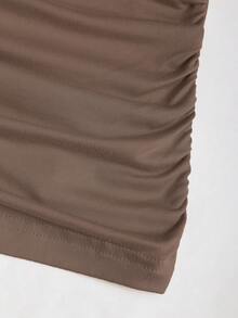 Sweetra Retro American Design Asymmetrical Asymmetric Shoulder T-Shirt, Slim Fit Stylish Women Tee For Autumn - Mocha Brown - View 6