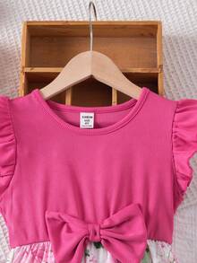 Emery Rose Kids Emery Rose Kids Vestido casual de verano con estampado floral, mangas con volantes y lazo para niña - Rosa Fucsia - Ver 5