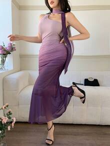 DAZY 女士优雅渐变不对称肩部系带褶皱鱼尾中长连衣裙，夏季婚礼宾客礼服 - 紫色 - 查看 7