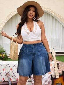 EMERY ROSE 大码女式无弹力牛仔百慕大短裤，休闲宽松薄款复古水洗阔腿七分牛仔裤，夏季 - 深色水洗藍 - 查看 1