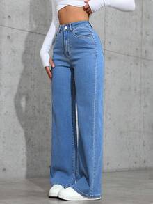 Jeanoix Women's High Waist Pockets Wide Leg Loose Casual Versatile Denim Pants - Medium Wash - View 4